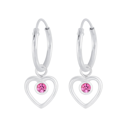 Girls' Sterling Silver Heart Crystal Charm Hoop Earrings