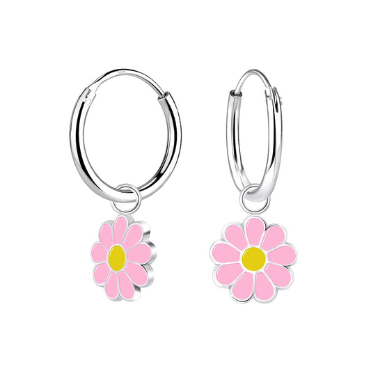 Girls' Sterling Silver Daisy Flower Charm Hoop Earrings