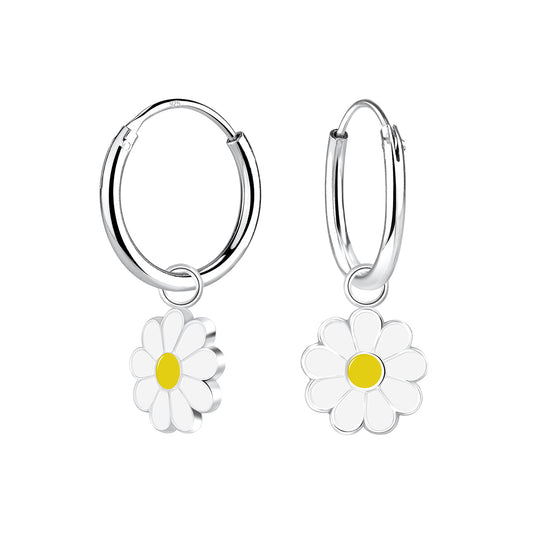 Children's Sterling Silver Daisy Flower Charm Hoop Earrings