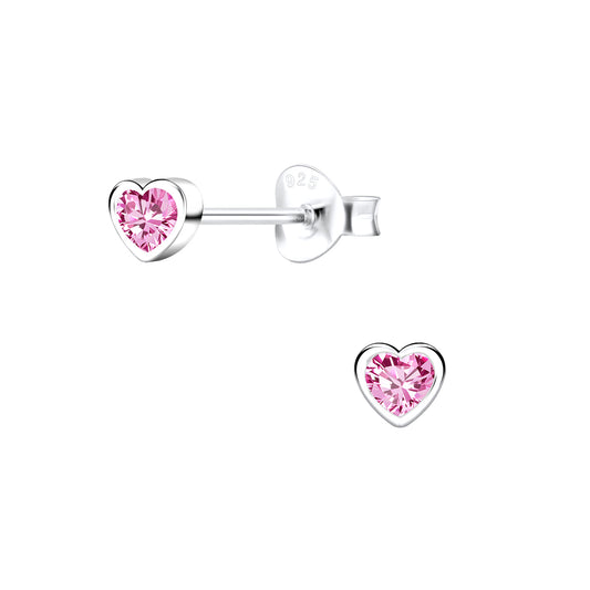Children's Pink Sterling Silver Heart Cubic Zirconia Stud Earrings
