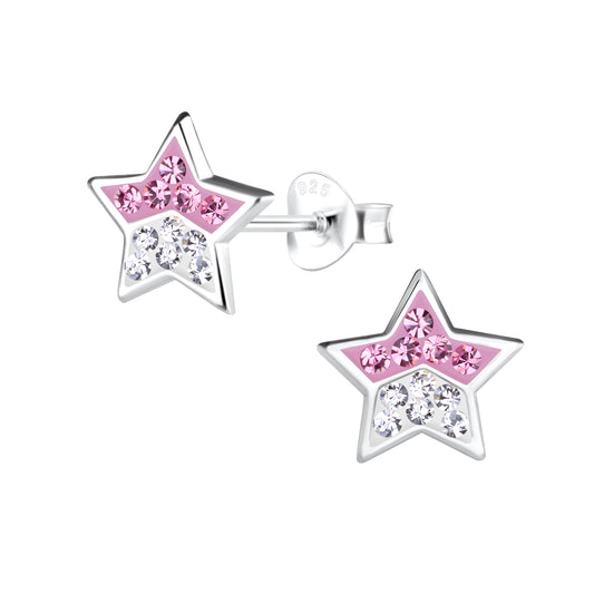 Girls' Pink Sterling Silver Star Crystal Stud Earrings
